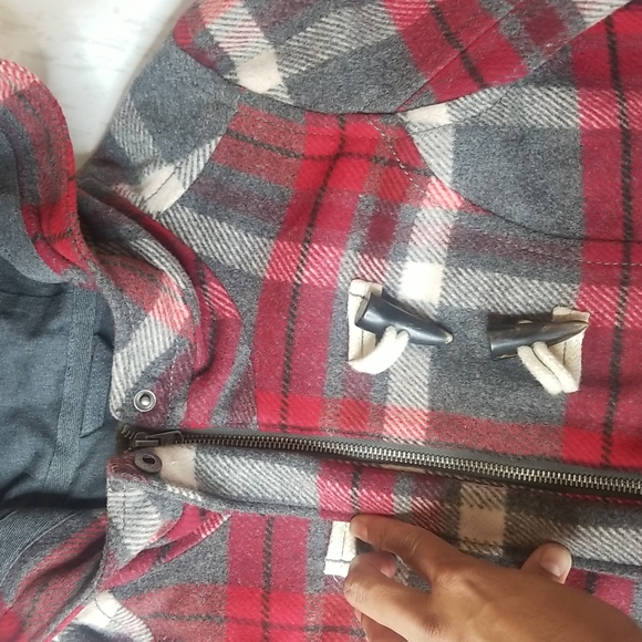 ABERCROMBIE RED GRAY PLAID COAT JACKET GIRLS XL WOOL JACKET HOODED - Picture 6 of 16